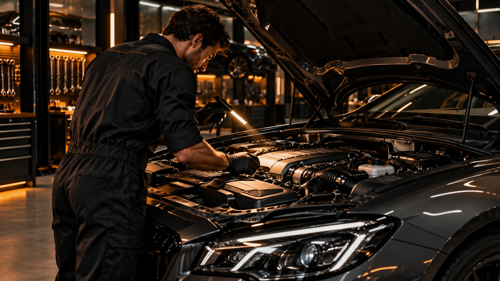 Cena ilustrativa de um mecânico inspecionando o motor de um carro em uma oficina
