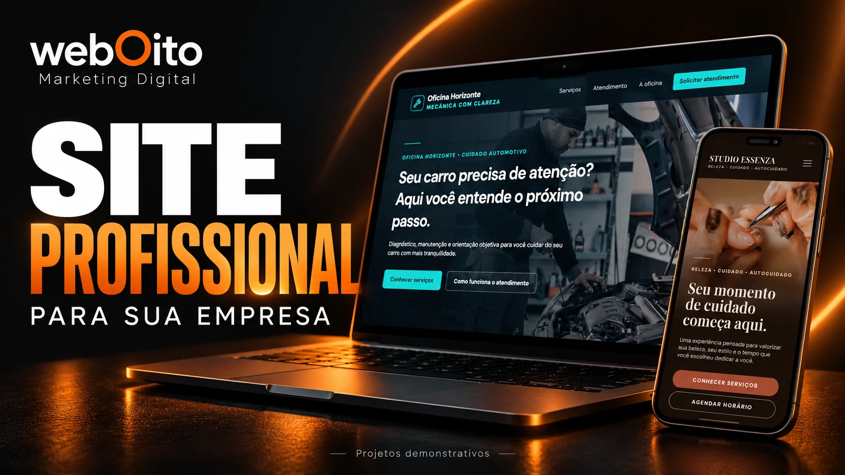 Site Profissional da webOito: demonstrações de Oficina Horizonte e Studio Essenza em notebook e celular